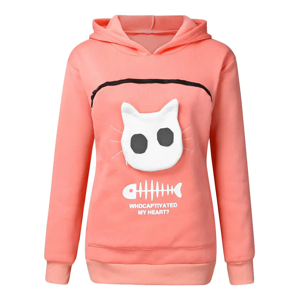 Hoodie-Sweatshirt mit Katzentaschen-Design