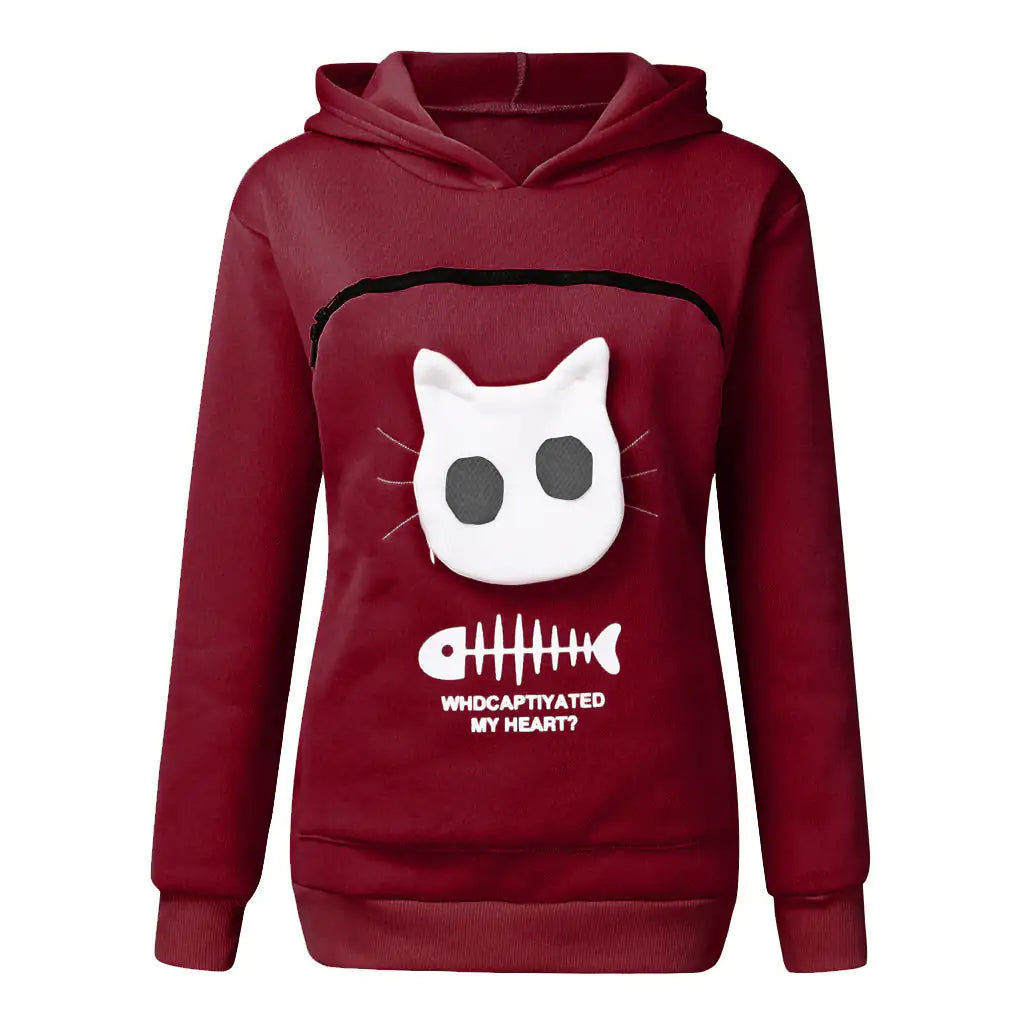 Hoodie-Sweatshirt mit Katzentaschen-Design