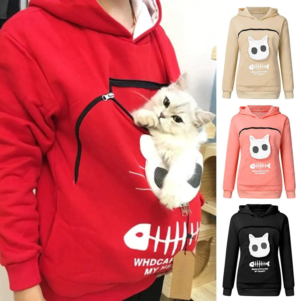 Hoodie-Sweatshirt mit Katzentaschen-Design