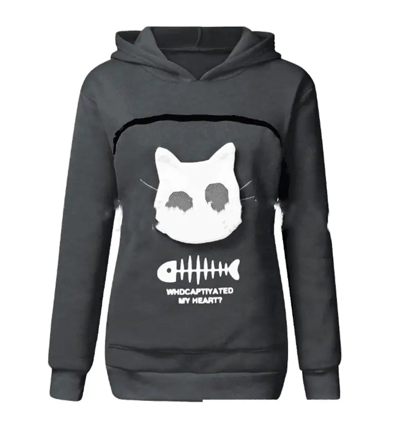 Hoodie-Sweatshirt mit Katzentaschen-Design