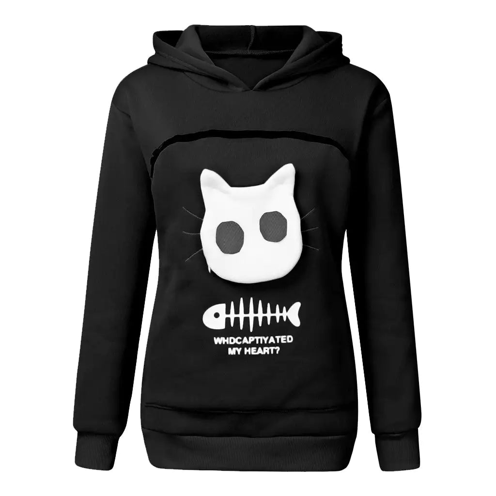 Hoodie-Sweatshirt mit Katzentaschen-Design