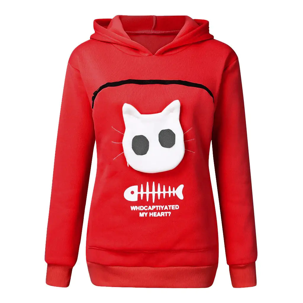Hoodie-Sweatshirt mit Katzentaschen-Design